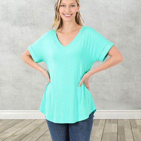 SOFT! Stretchy Luxe Rayon Short Cuff Sleeve V-Neck T-Shirt - Picture 7 of 11